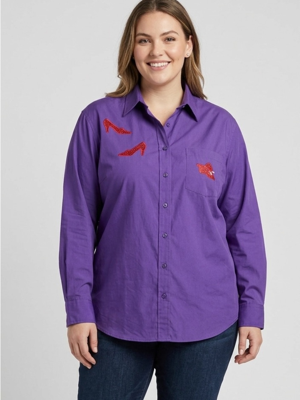 Las Olas Purple Button Down Long Sleeve Shirt Red Hat Heels Size XL Free Shirt